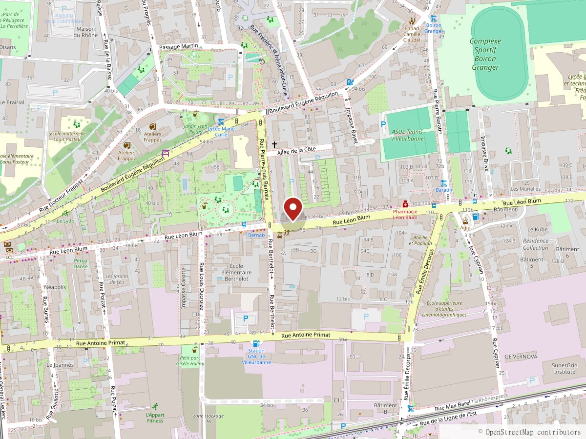 Plan du quartier : le cabinet du Professeur Kéba Lamine, 75 rue Léon Blum à Villeurbanne, quartier Cusset.